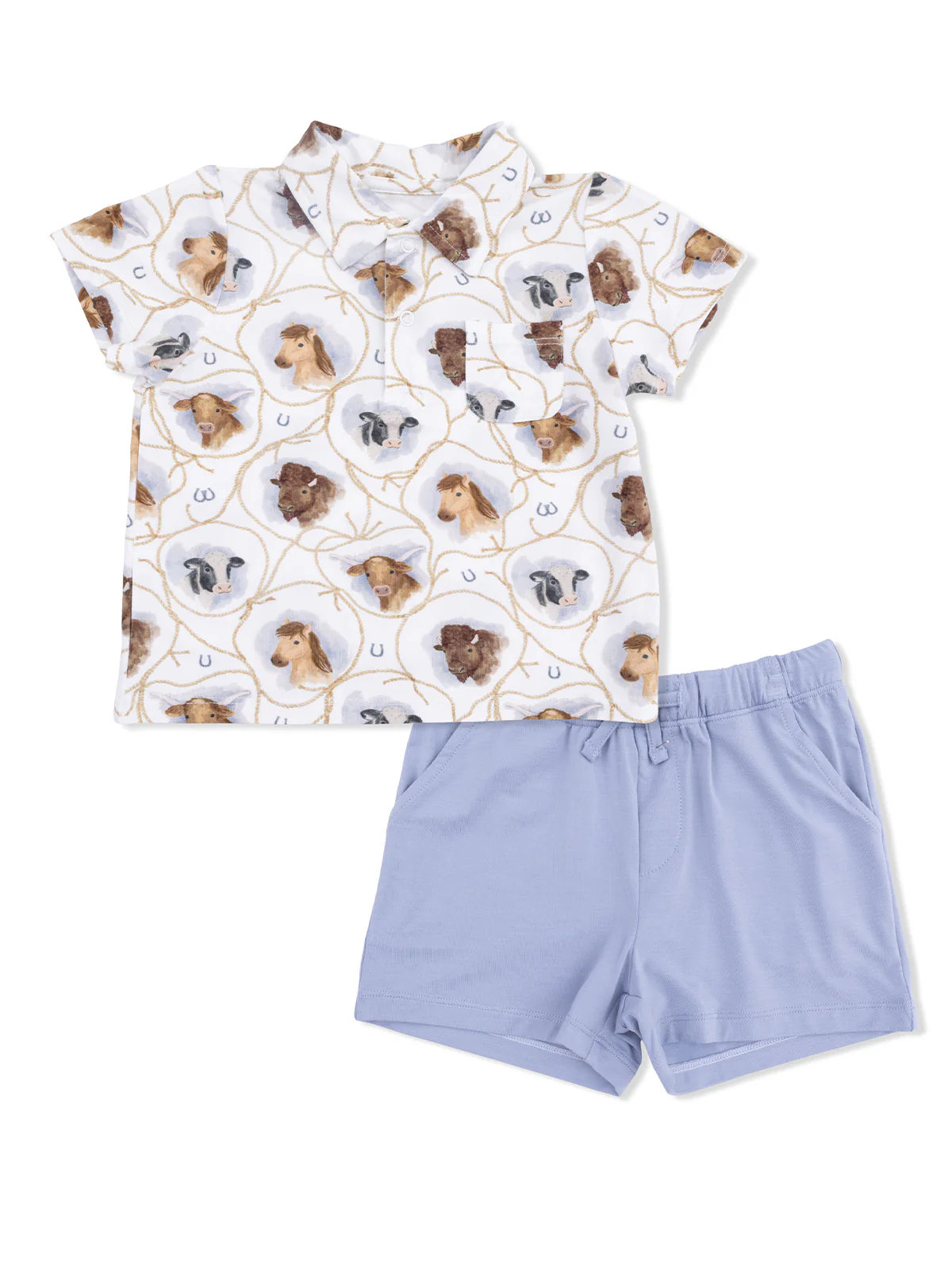 Polo Shirt & Casual Short Set, Farm Animals Rope Cameos