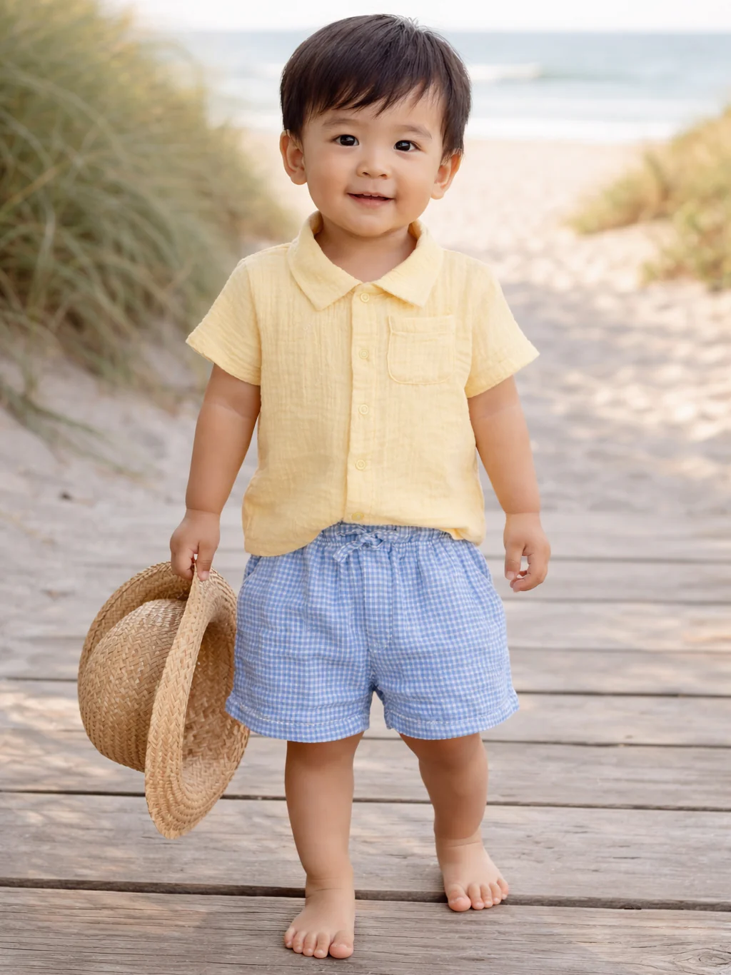 Polo Shirt & Casual Short Set, Micro Blue Gingham
