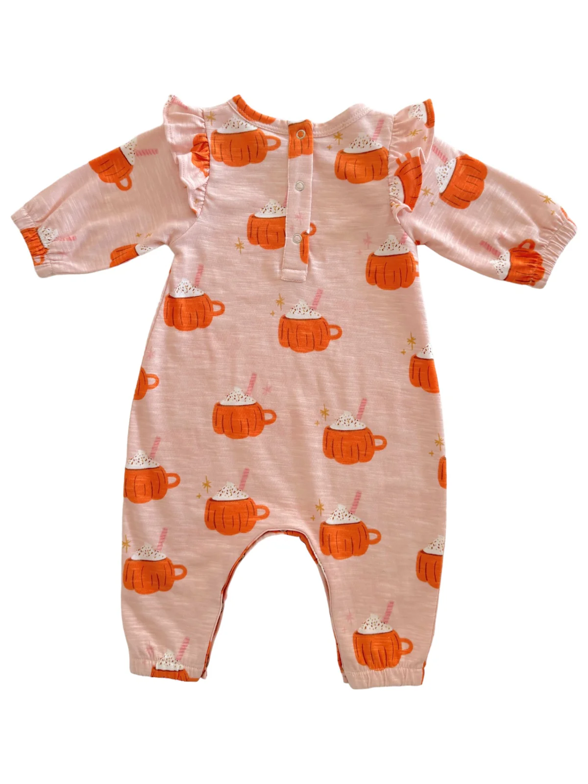 Pumpkin Mug Pink / Organic Long Sleeve Ruffle Jumpsuit - Image 3