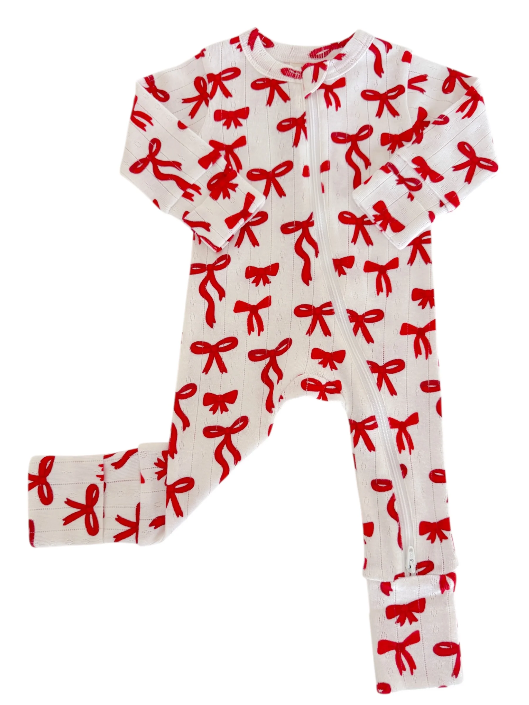 Red Bows / Organic Pointelle 2-Way Zip Romper - Image 2