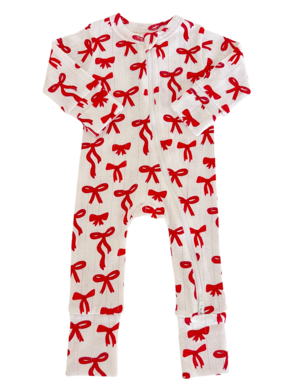 Red Bows / Organic Pointelle 2-Way Zip Romper - Image 3