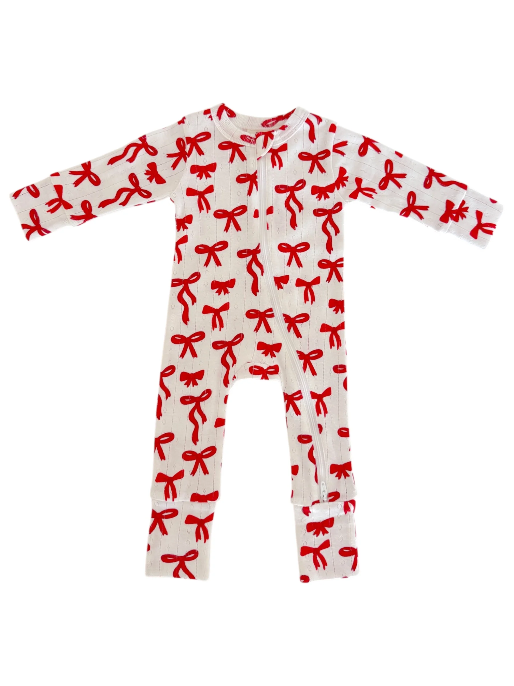 Red Bows / Organic Pointelle 2-Way Zip Romper - Image 4