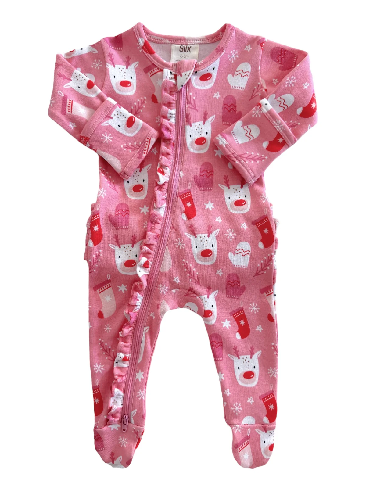 Reindeer Pink / Organic Frill Zip Footie - Image 2