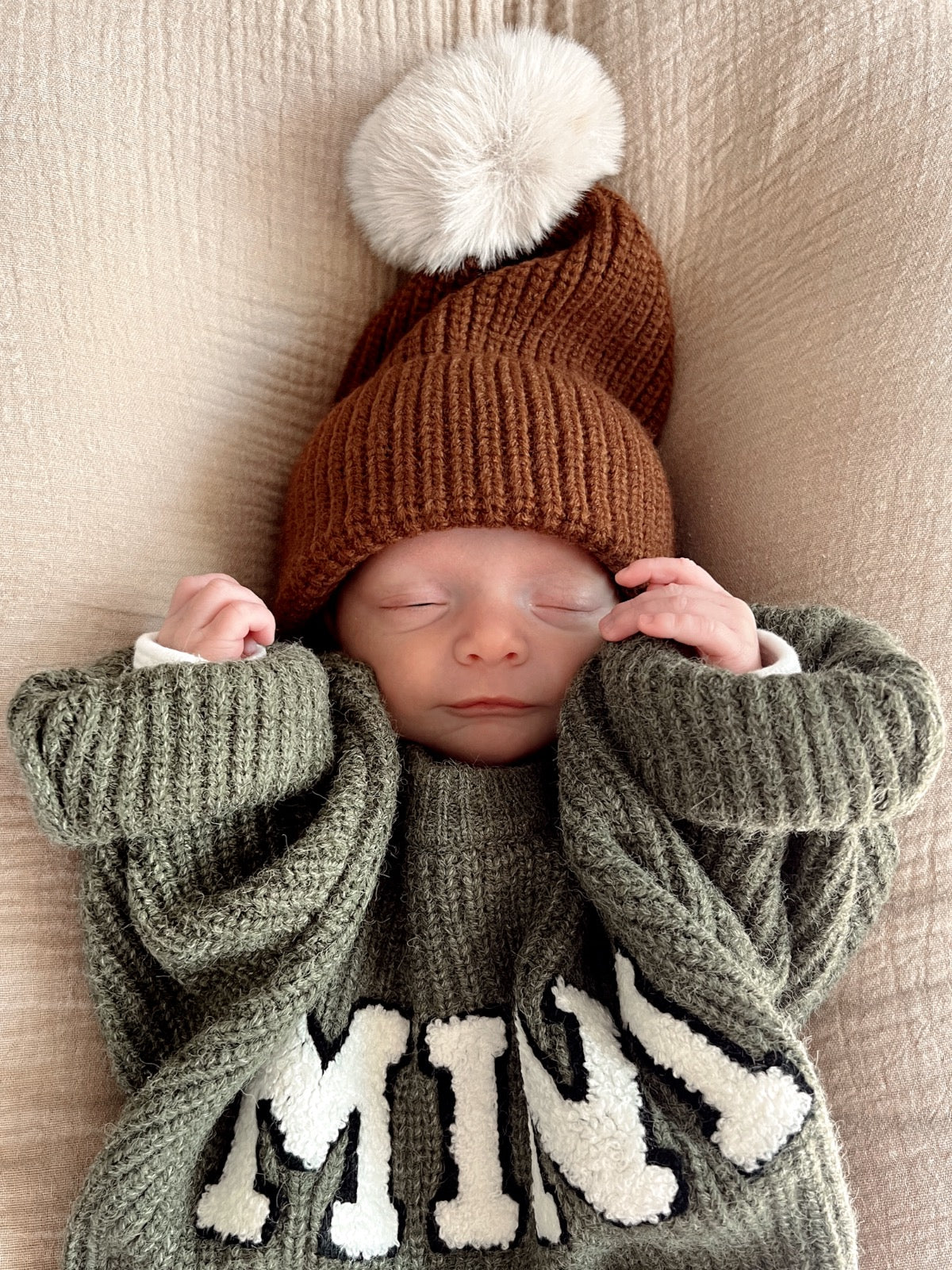 Rib Knit Fur Pom Hat, Saddle - Image 3