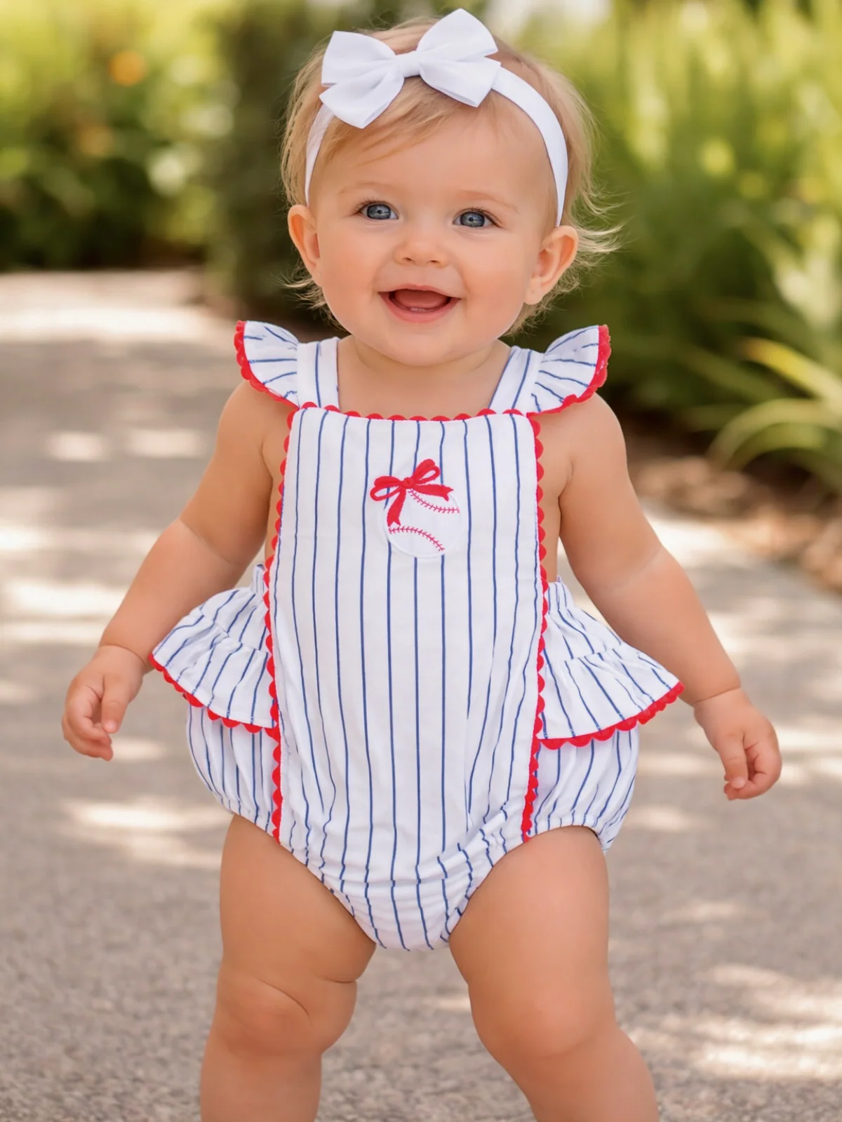 Ric Rac Ruffle Sunsuit, Baseball Stripe
