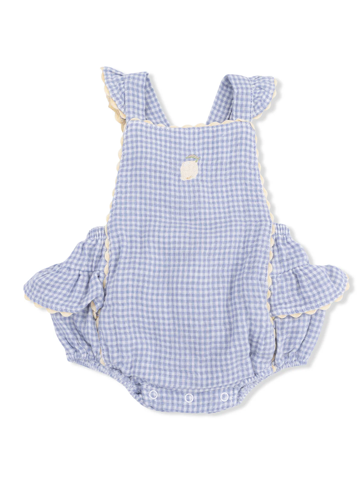 Ric Rac Ruffle Sunsuit, Micro Blue Gingham Lemon