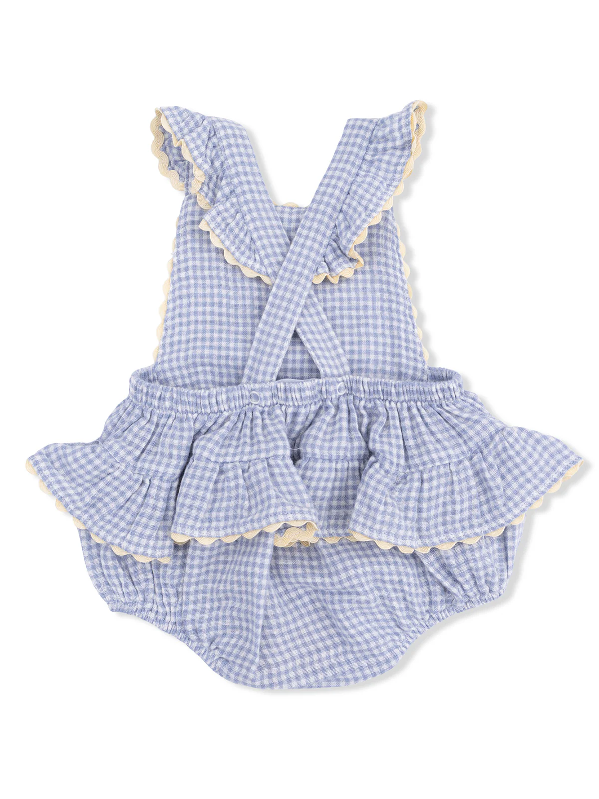 Ric Rac Ruffle Sunsuit, Micro Blue Gingham Lemon - Image 2