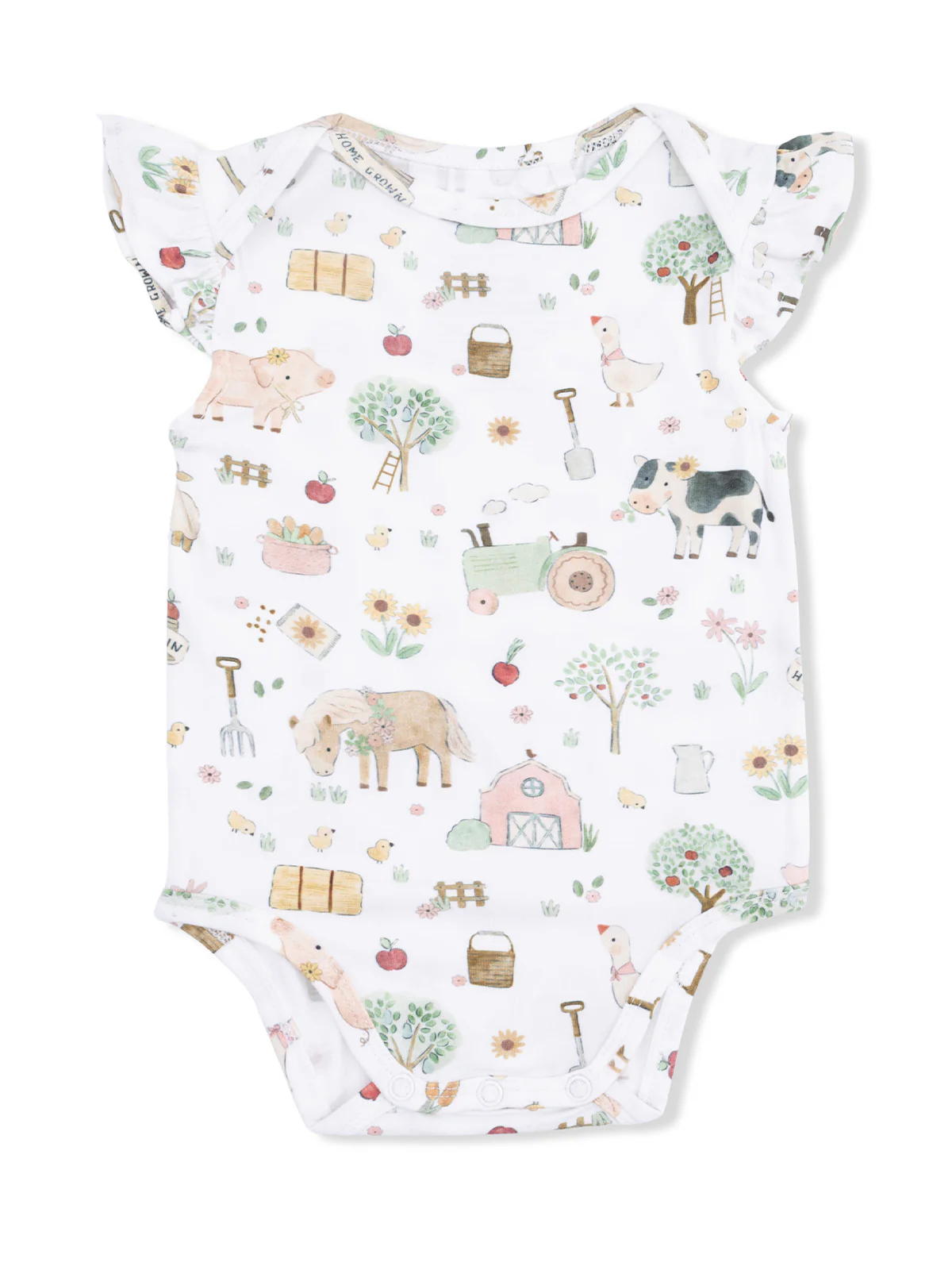 Ruffle Sleeve Bodysuit, Cute Farm Animals Pink