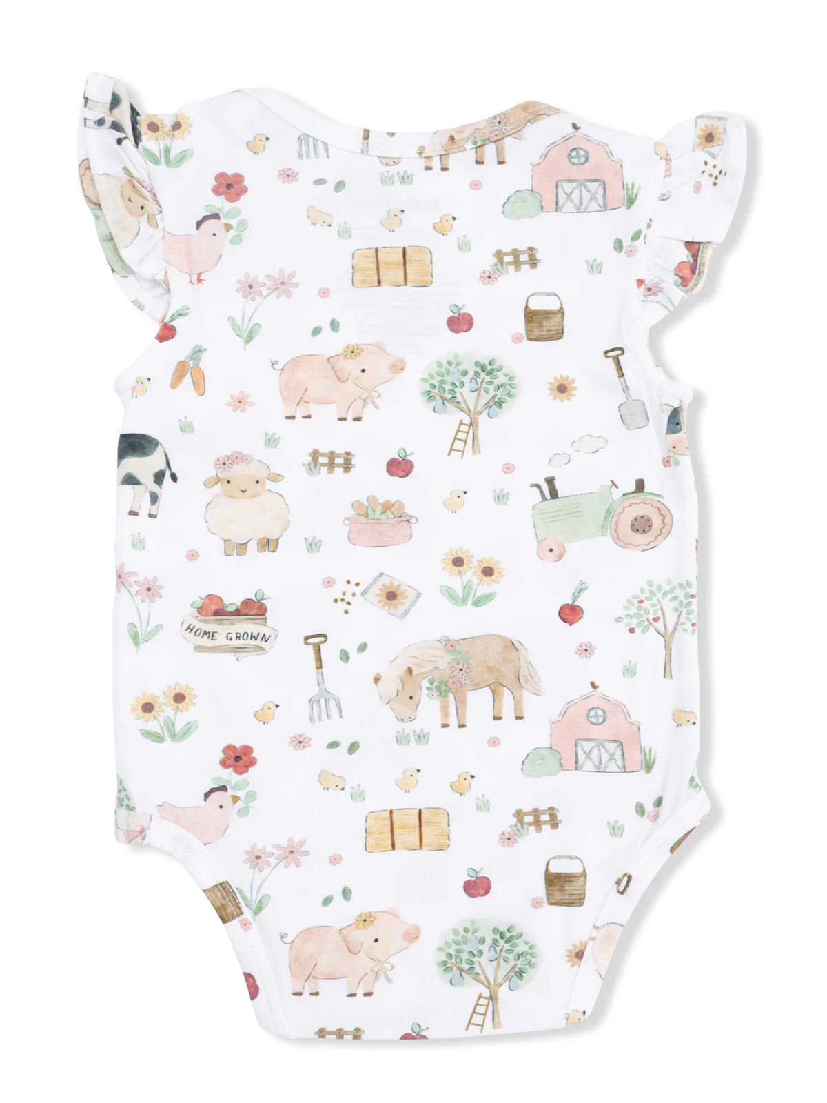 Ruffle Sleeve Bodysuit, Cute Farm Animals Pink - Image 2