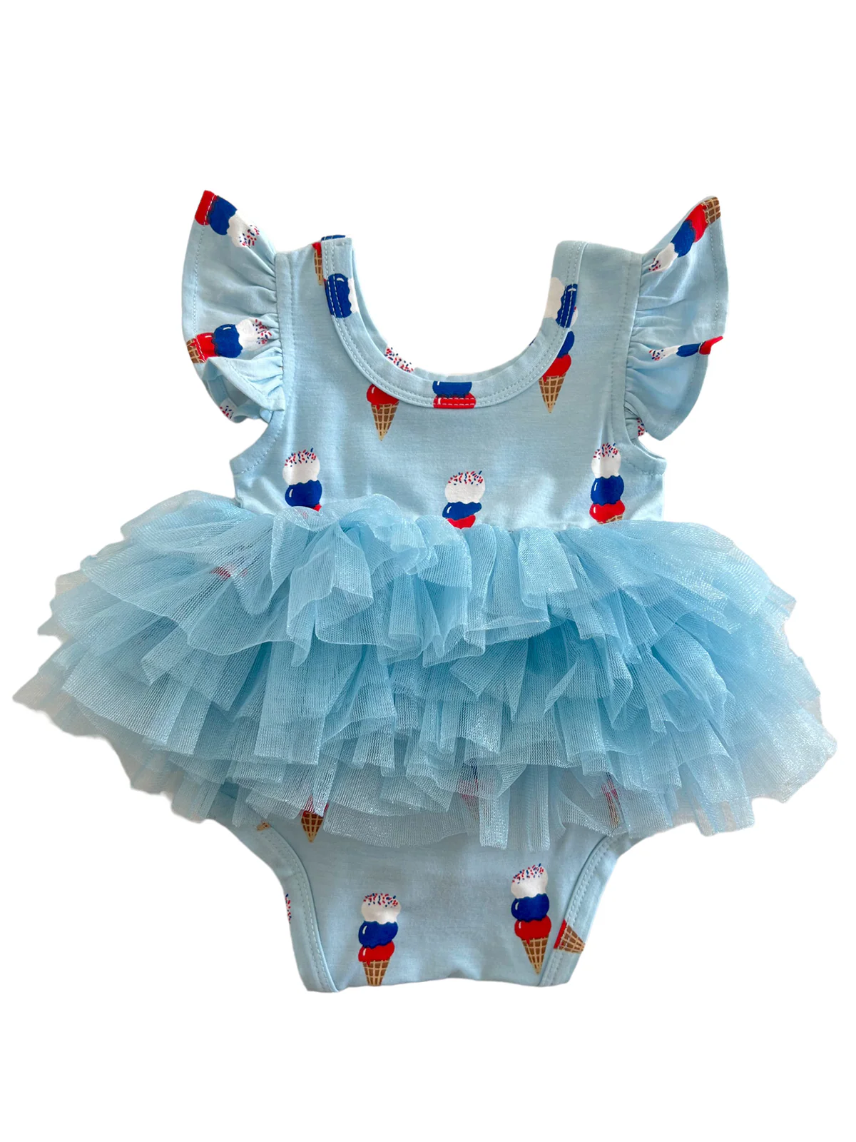Ruffle Sleeve Tutu Bodysuit, Blue Ice Cream - Image 2