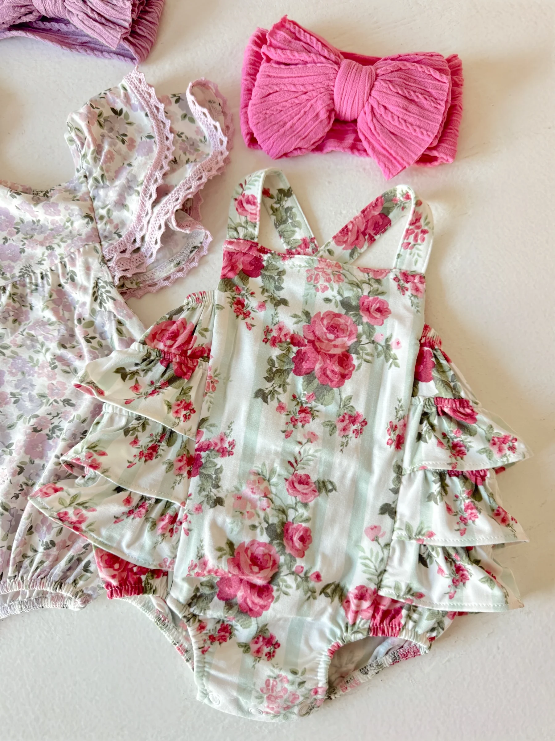 Ruffle Sunsuit, Cabbage Rose Stripe - Image 2