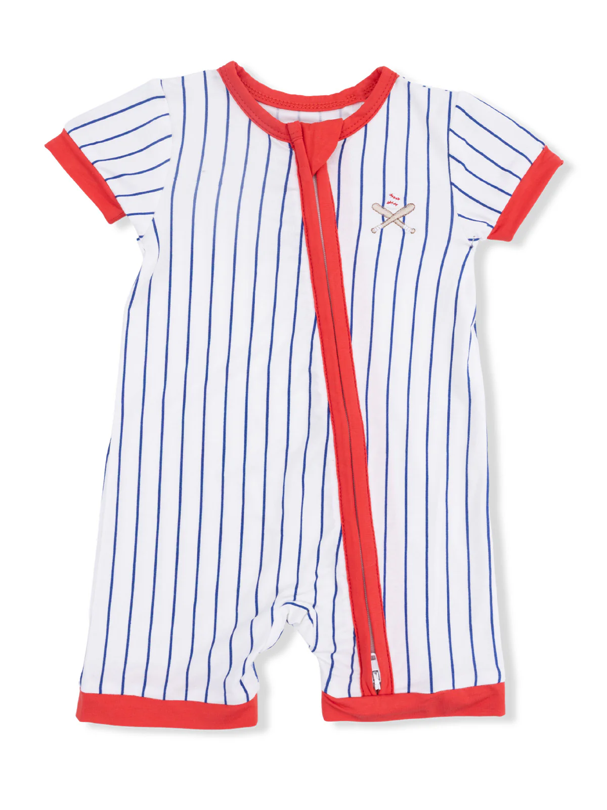Shortie 2-Way Zip Romper, Baseball Stripe