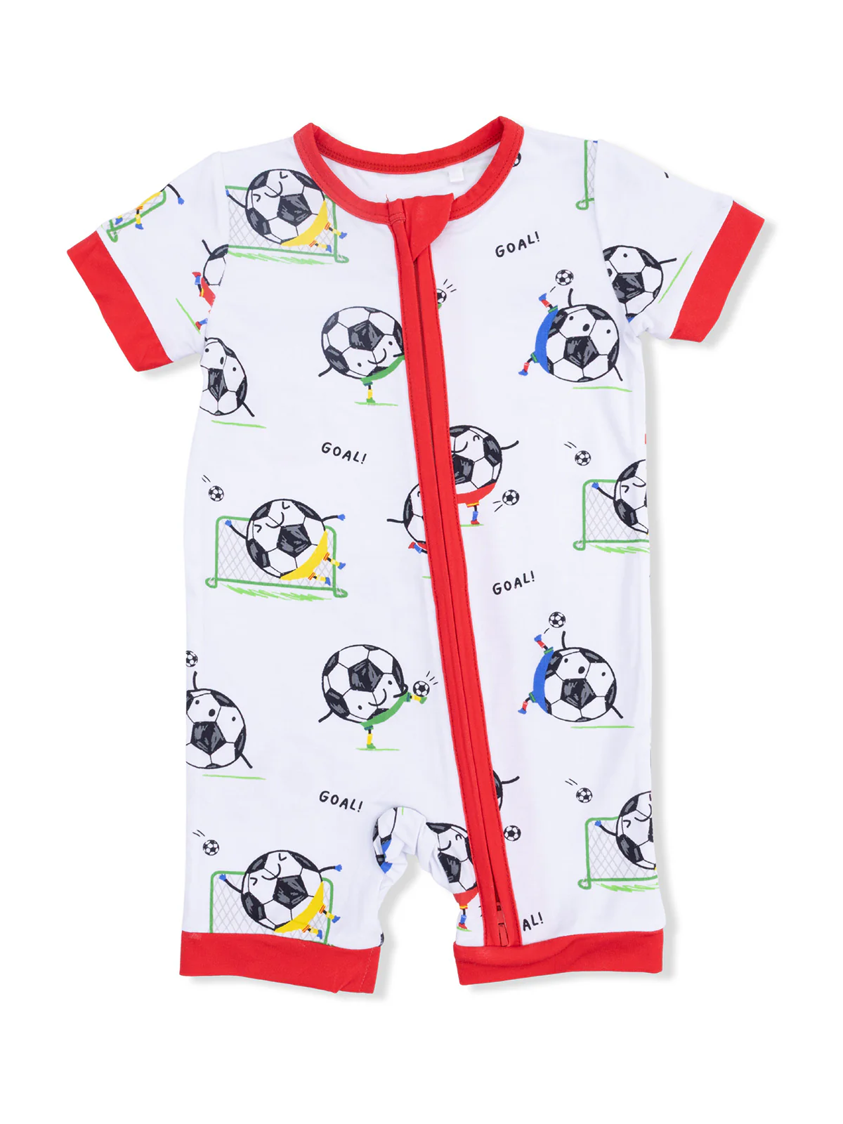 Shortie 2-Way Zip Romper, Soccer Balls Playing Soccer Blue
