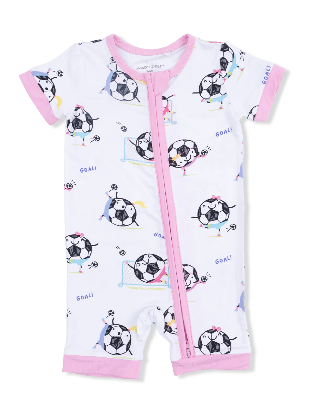Shortie 2-Way Zip Romper, Soccer Balls Playing Soccer Pink