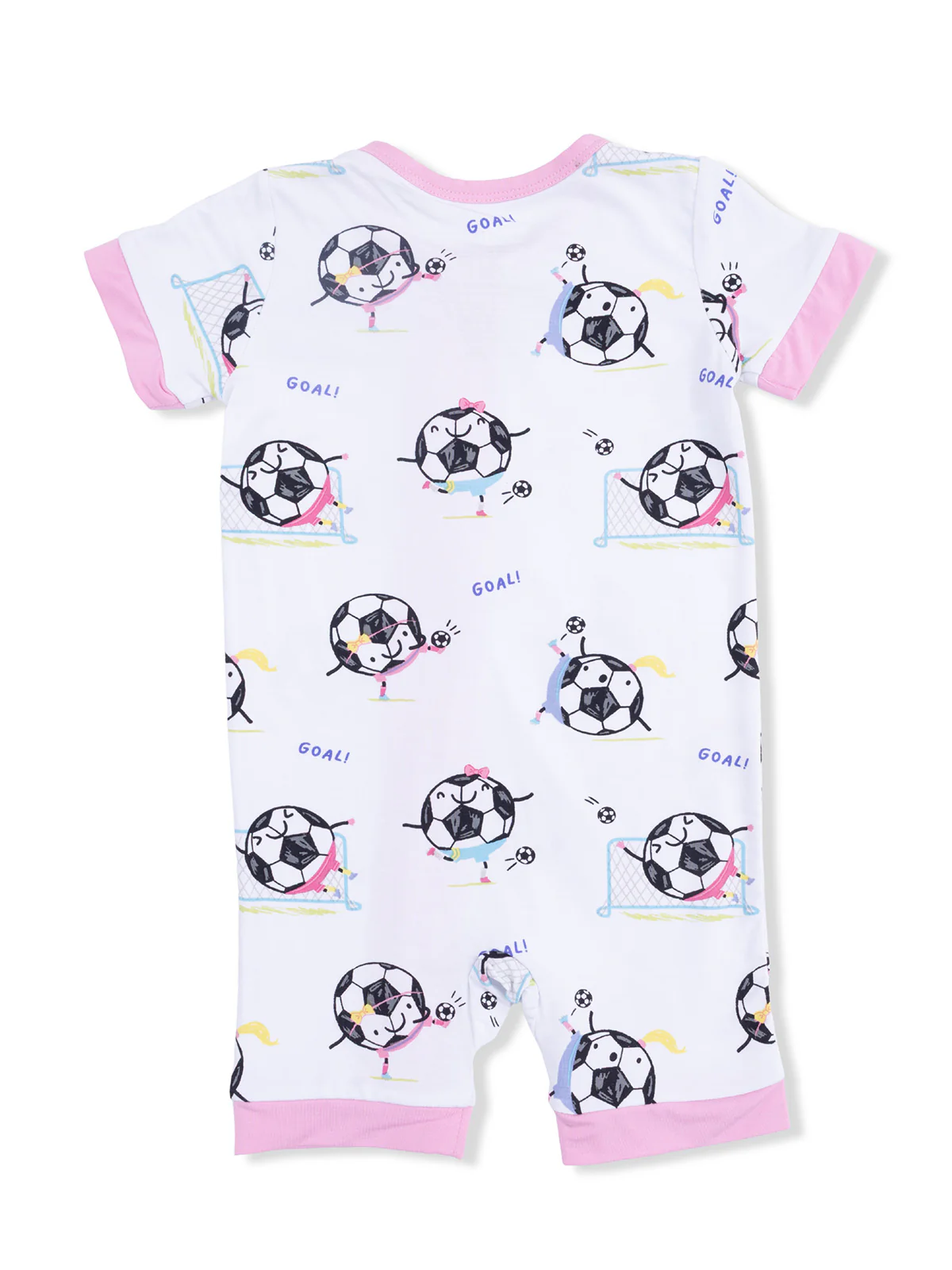 Shortie 2-Way Zip Romper, Soccer Balls Playing Soccer Pink - Image 2