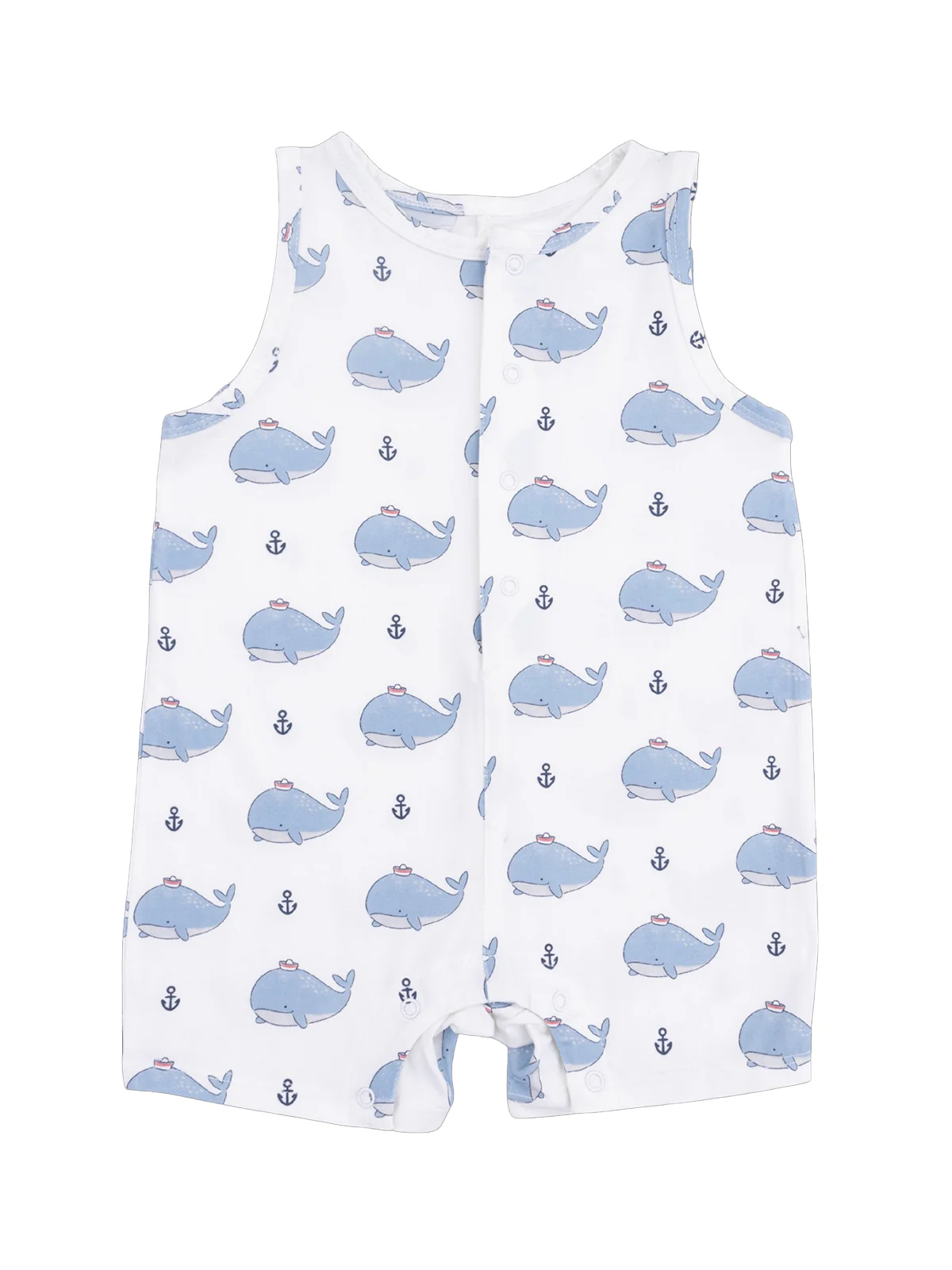 Sleeveless Shortie Romper, Bubbly Sailor Whales Blue