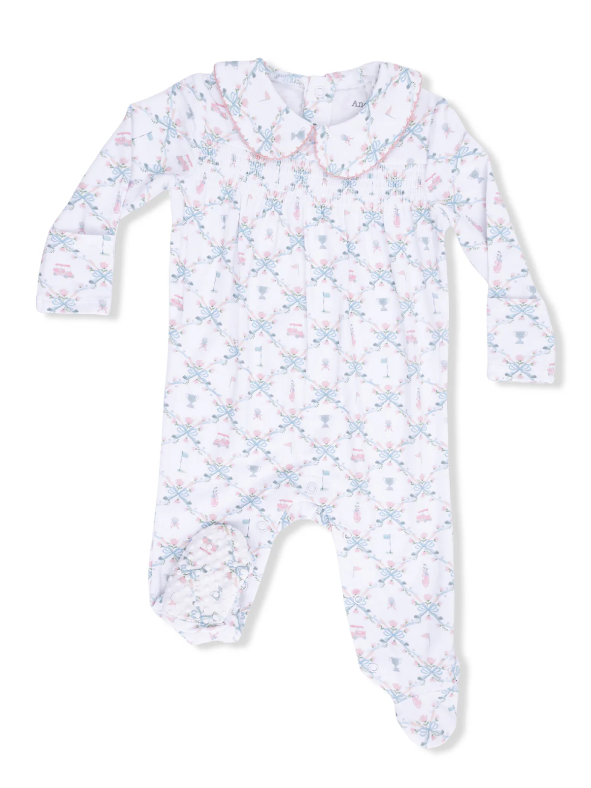 Smocked Peter Pan Footie, Golf Trellis Pink
