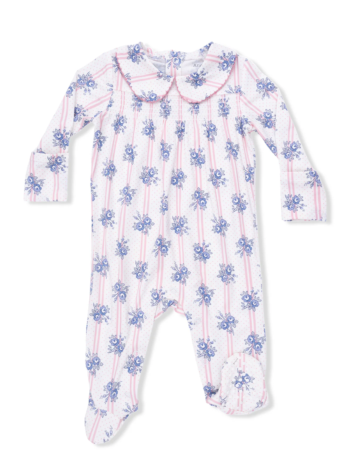 Smocked Peter Pan Footie, Stripe Dot Roses