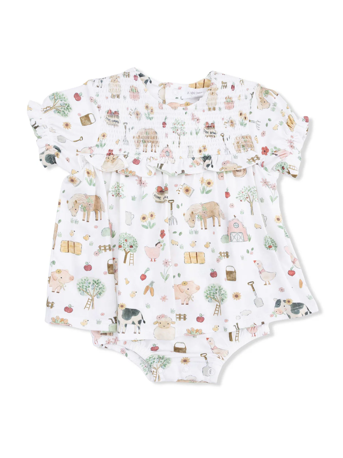 Smocked Ruffle Bubble with Skirt, Cute Farm Animals Pink