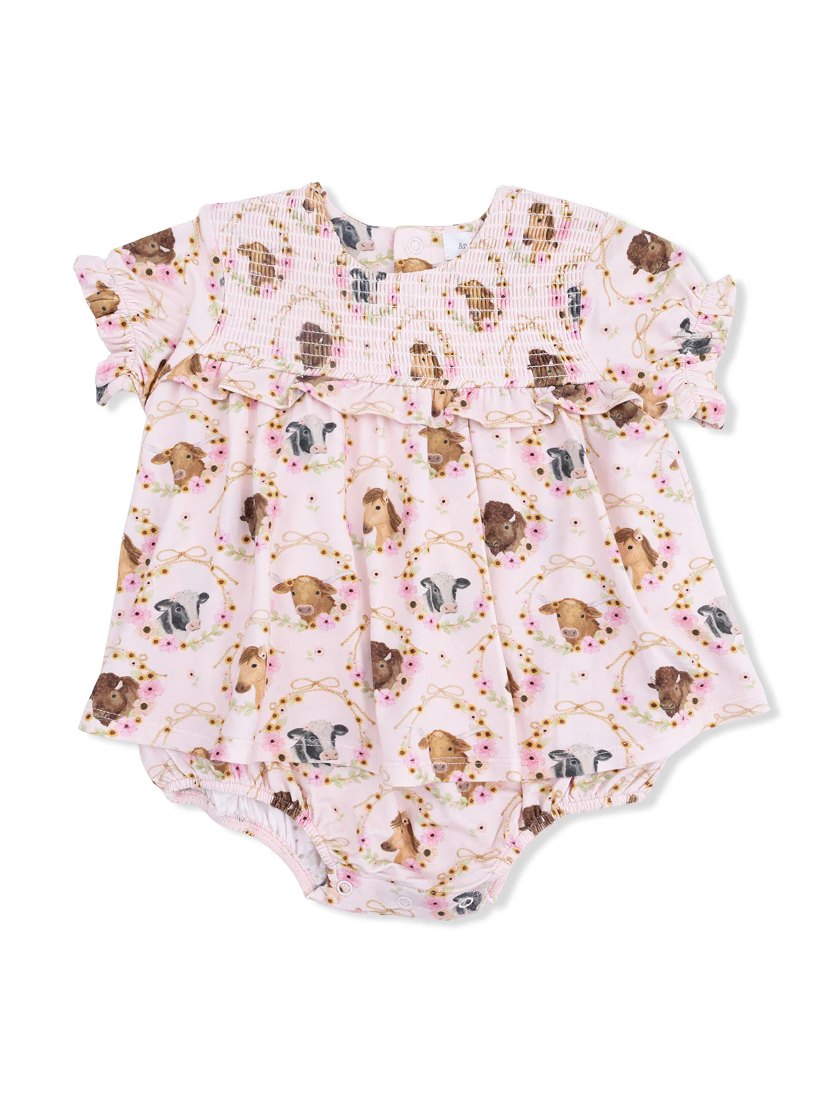 Smocked Ruffle Bubble with Skirt, Farm Animals Floral Cameos
