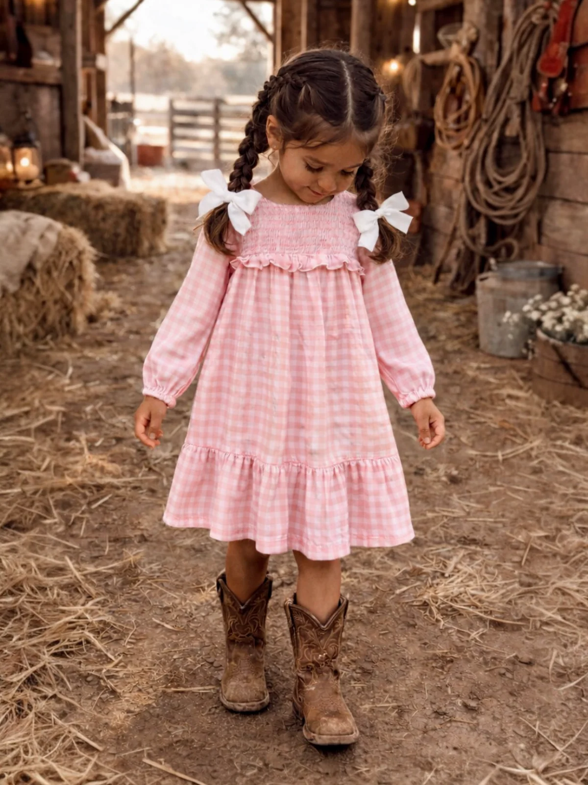 Smocked Ruffle Tiered Dress, Pink Gingham - Image 4