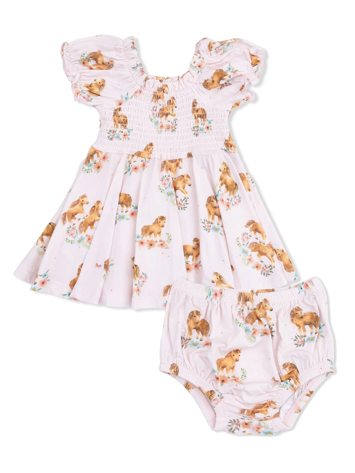 Smocked Twirly Dress and Bloomer, Pink Ponies