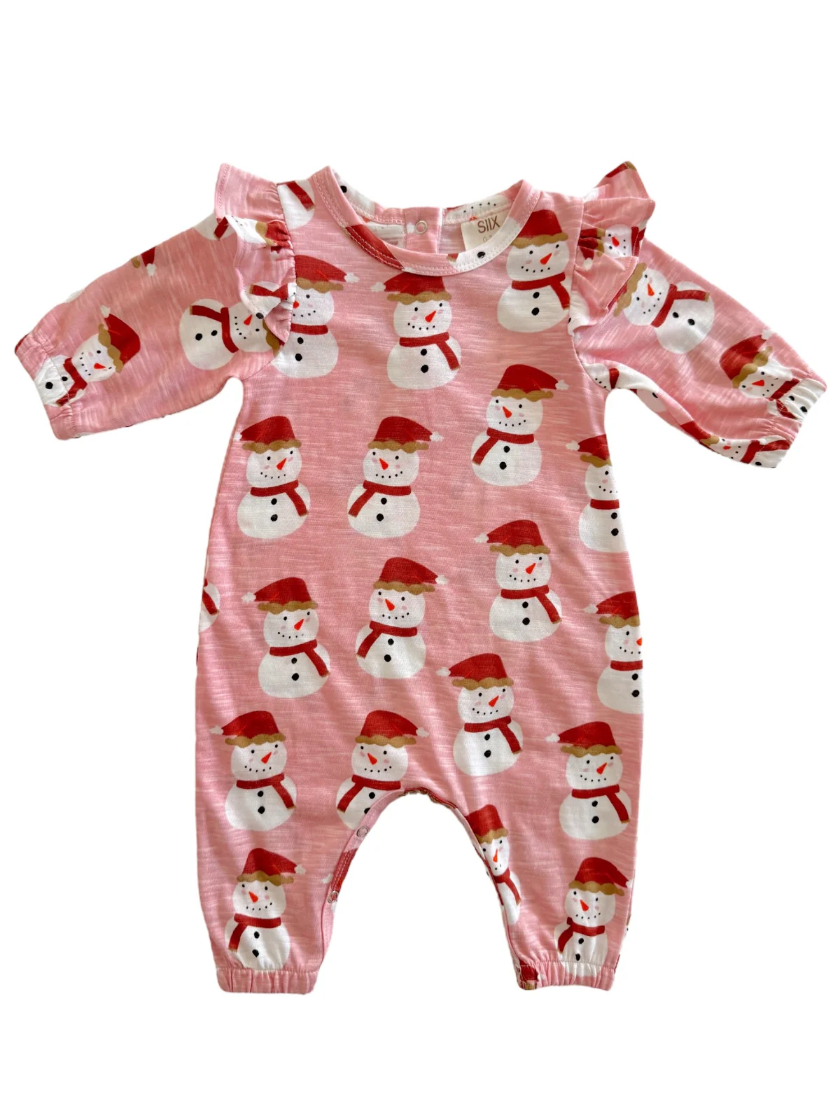 Snowman Pink / Organic Long Sleeve Ruffle Jumpsuit - Image 2