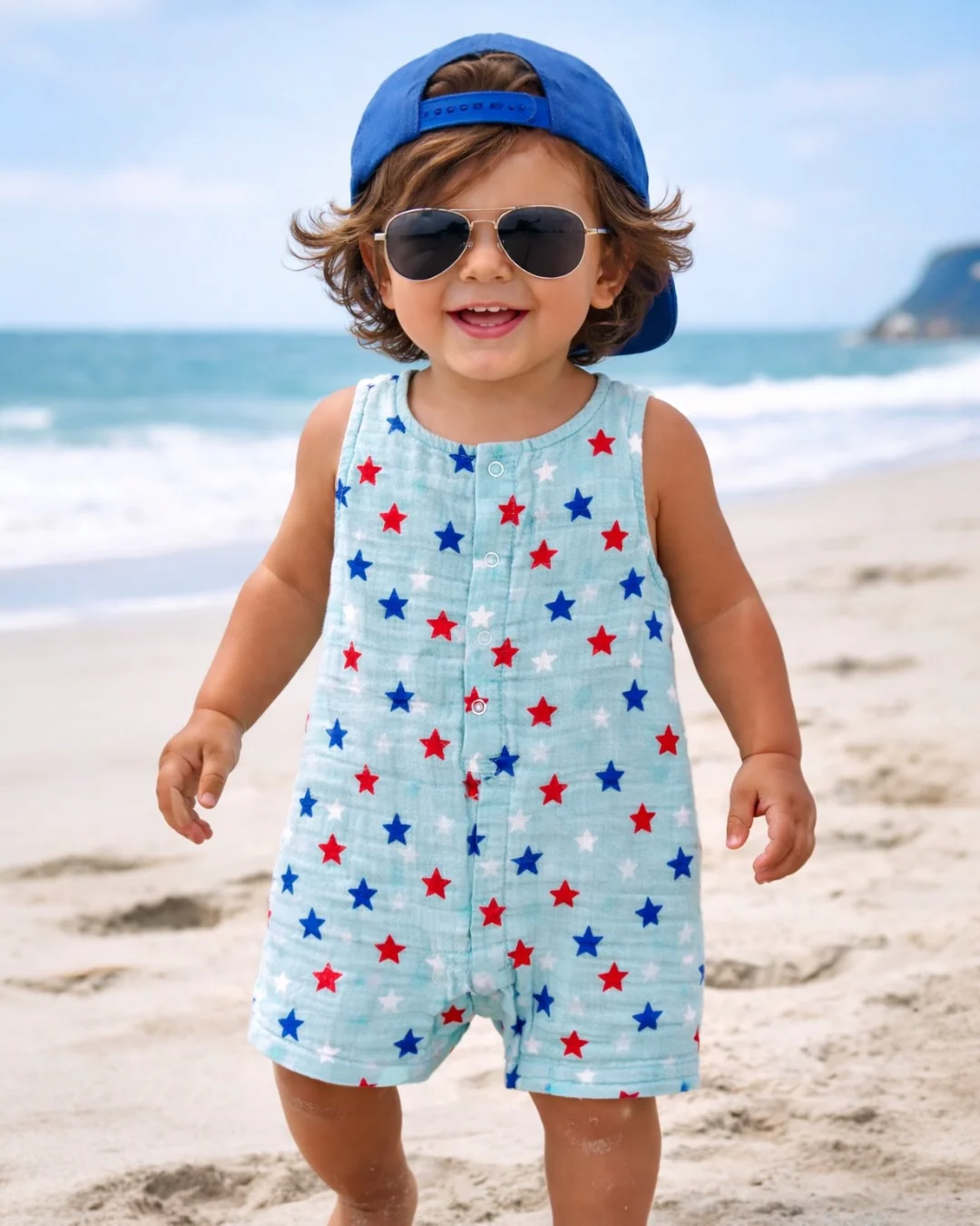 Splendid Stars Blue / Muslin Shortie Romper