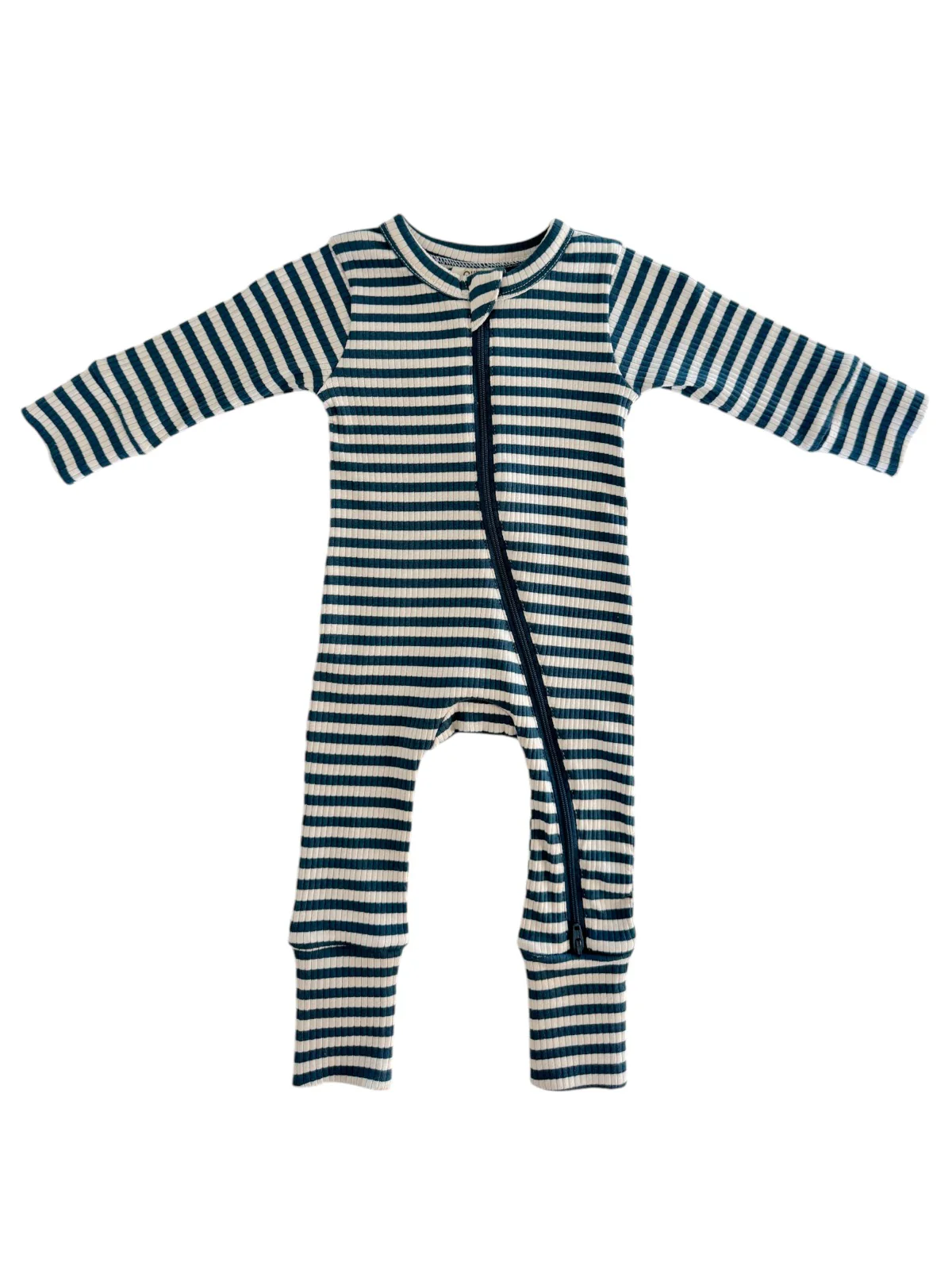 Steel Blue Stripe / Organic Ribbed 2-Way Zip Romper - Image 3