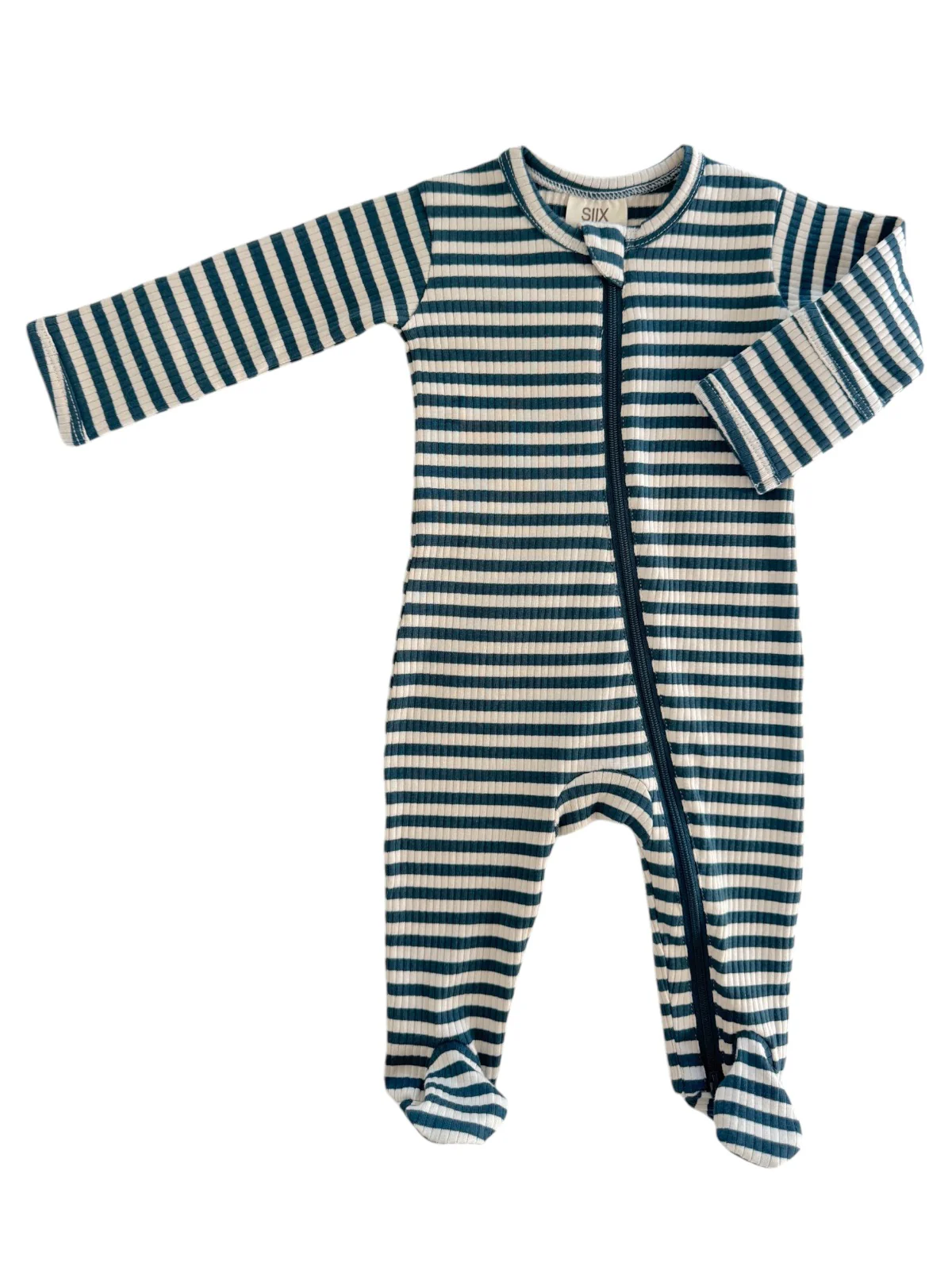Steel Blue Stripe / Organic Ribbed Zip Footie - Image 2