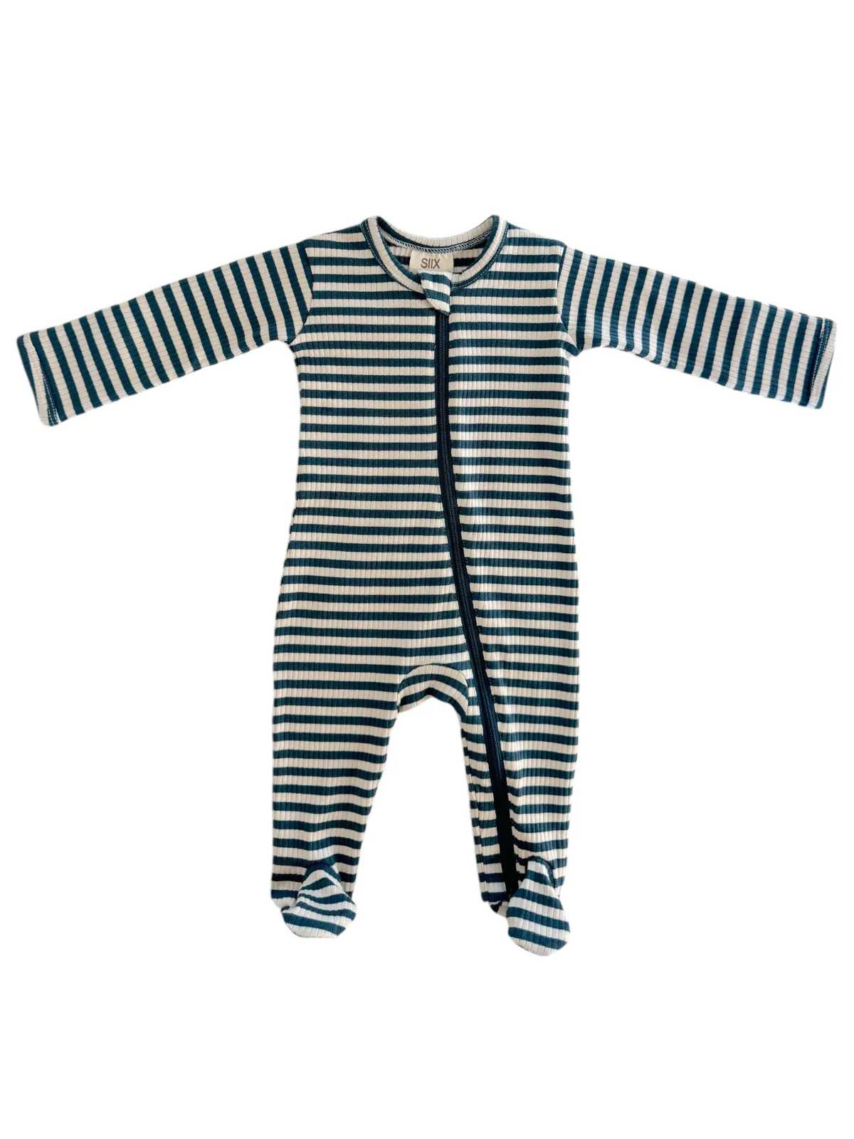 Steel Blue Stripe / Organic Ribbed Zip Footie - Image 3