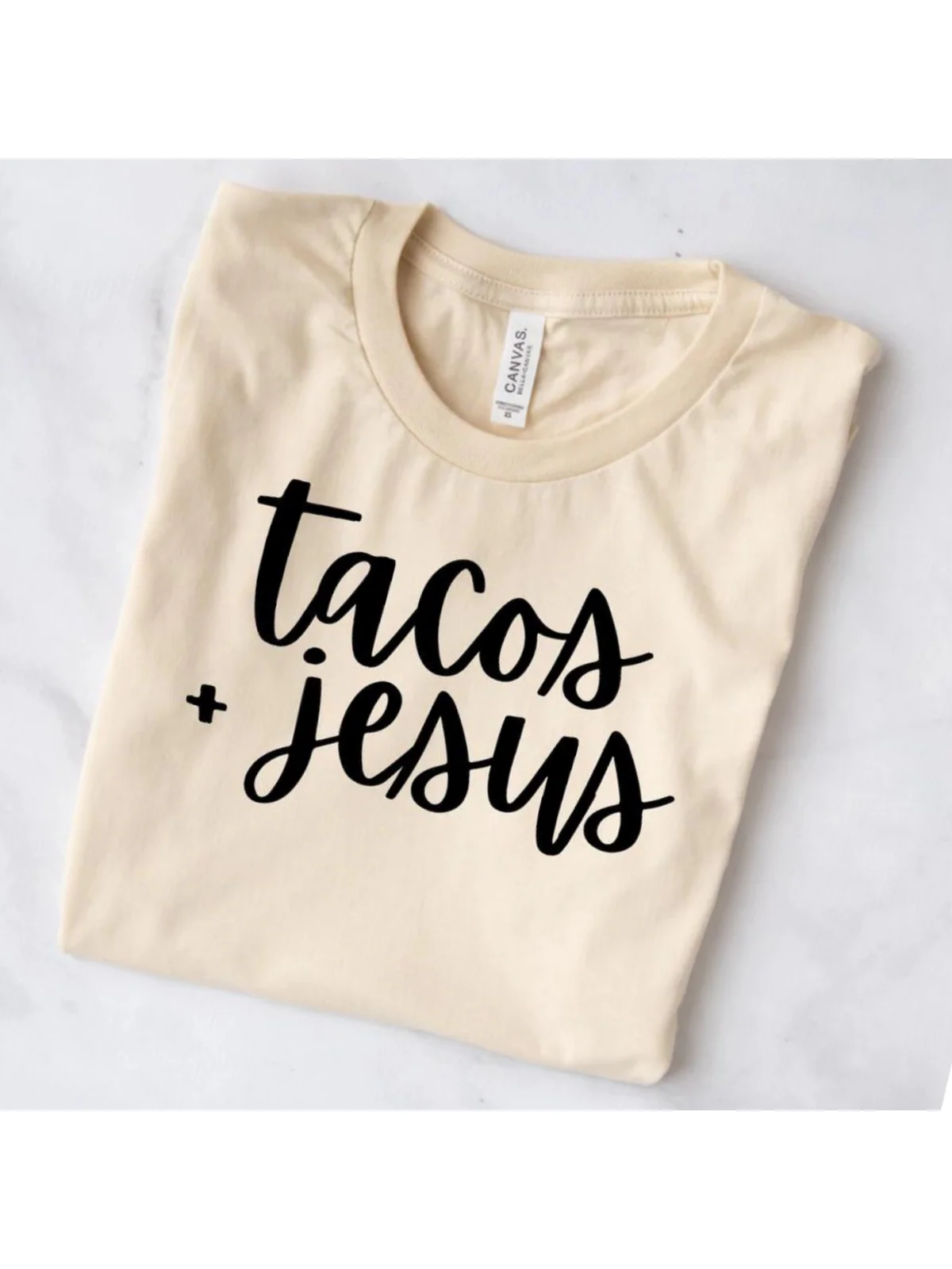 Tacos + Jesus Graphic Tee, Tan - Image 2