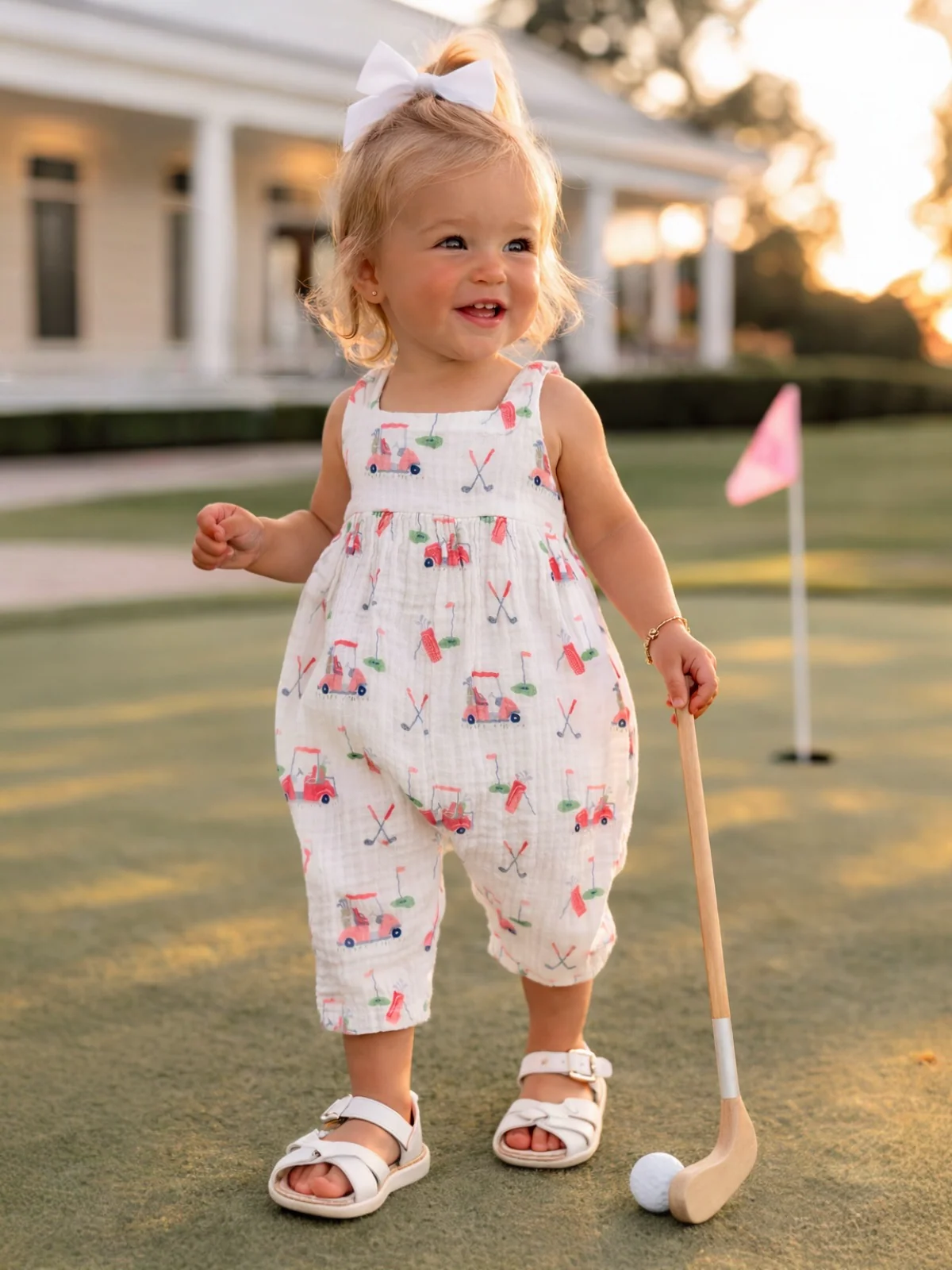 Tie Back Romper, Baby Golf Carts Pink