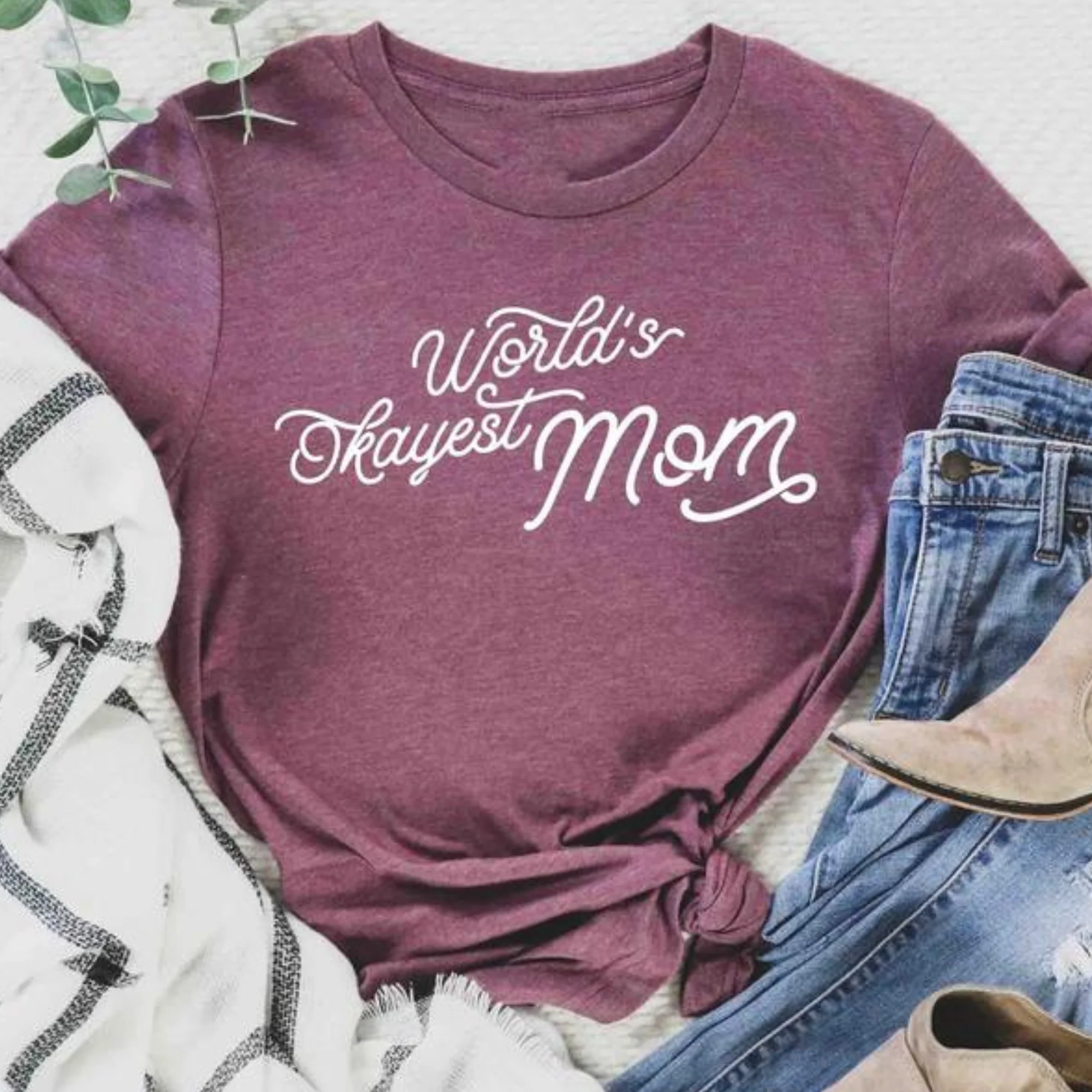 Worlds Okayest Mom Graphic Tee, Heather Maroon - Image 2
